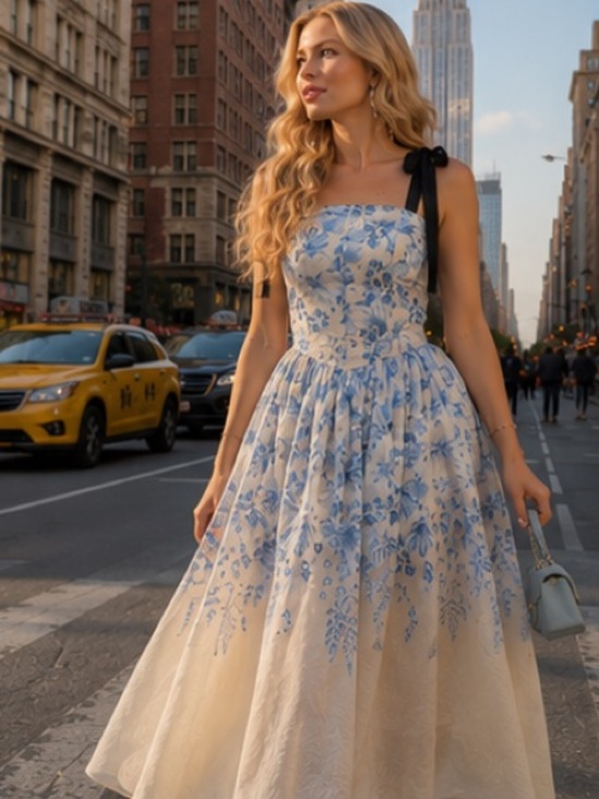 H&M Dresses & Skirts - Floral Blue & White Tie-Shoulder Midi Dress